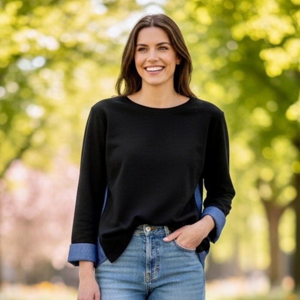 Vince Black Chambray Denim Panel Crewneck Sweatshirt Women Size Small Crew Neck